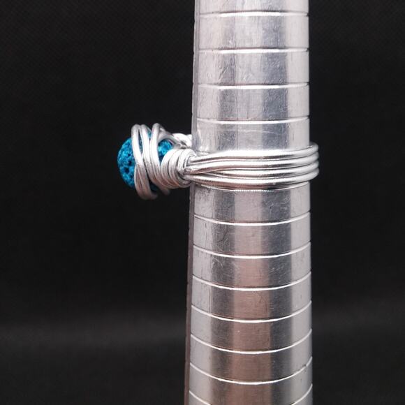 Artisan Turquoise Lava Stone Ring Silver Tone Wire Wrapped Diffuser Boho Sz 8.5 - Picture 10 of 13